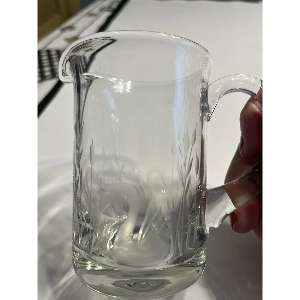 Crystal Glass Clear Etched Swans & Cattails Creamer Sugar Bowl w Lid